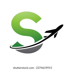 Green and Black Uppercase Letter S Icon with an Airplane on a White Background