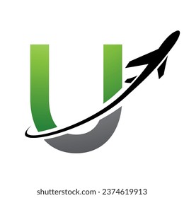Green and Black Uppercase Letter U Icon with an Airplane on a White Background