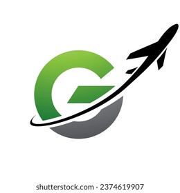 Green and Black Uppercase Small Letter G Icon with an Airplane on a White Background