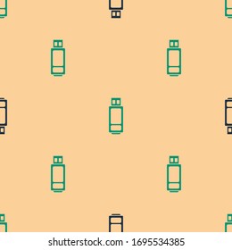 Icono de unidad flash USB verde y negro aislado sin problemas en fondo beige. Ilustración vectorial