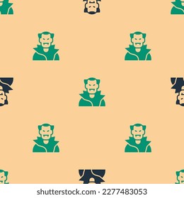 Green and black Vampire icon isolated seamless pattern on beige background. Happy Halloween party.  Vector