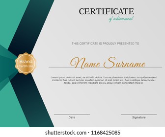 Green and black vector certificate template design with badge and stamp.