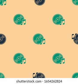 Green and black Vinyl disk icon isolated seamless pattern on beige background.  Vector Illustration