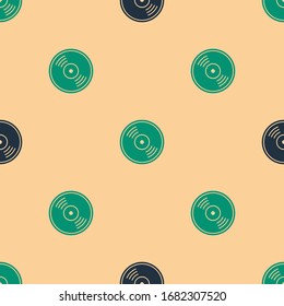 Green and black Vinyl disk icon isolated seamless pattern on beige background.  Vector Illustration