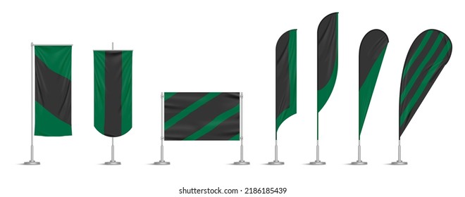 Green And Black Vinyl Flags And Set Banners On Pole. Vector Realistic Template Of Fabric Promotion Posters, Advertising Striped Canvas Pennants Hanging On Metal Frame And Stand