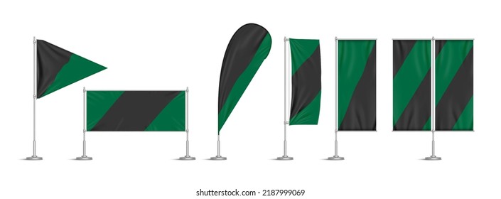 Green And Black Vinyl Flags And Set Banners On Pole. Vector Realistic Template Of Fabric Promotion Posters, Advertising Striped Canvas Pennants Hanging On Metal Frame And Stand