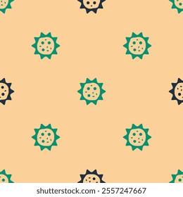 Green and black Virus icon isolated seamless pattern on beige background. Corona virus 2019-nCoV. Bacteria and germs, cell cancer, microbe, fungi.  Vector