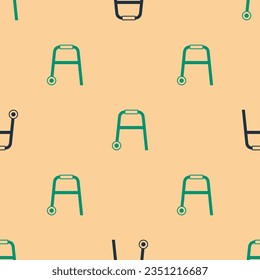 Green and black Walker for disabled person icon isolated seamless pattern on beige background.  Vector