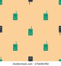 Green and black Walkie talkie icon isolated seamless pattern on beige background. Portable radio transmitter icon. Radio transceiver sign.  Vector Illustration