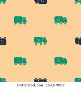 Green and black Water delivery truck icon isolated seamless pattern on beige background.  Vector Illustration