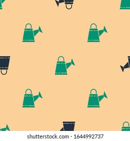 Green and black Watering can icon isolated seamless pattern on beige background. Irrigation symbol.  Vector Illustration