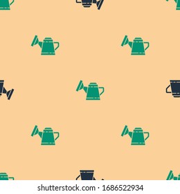Green and black Watering can icon isolated seamless pattern on beige background. Irrigation symbol.  Vector Illustration