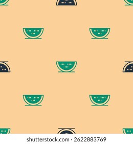 Green and black Watermelon icon isolated seamless pattern on beige background.  Vector