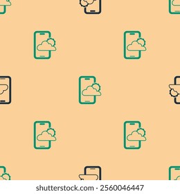 Green and black Weather forecast icon isolated seamless pattern on beige background.  Vector