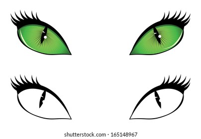 Green, black and white cartoon cat eyes illustration.