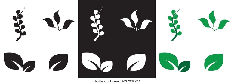 Green, black and white leaf vector icons . Leaves icon. Vector for websites, mobile interfaces, presentations, banner, visual branding etc. Vector illustration. isolated on white and black background.