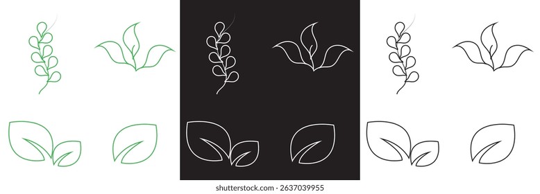 Green, black and white leaf vector icons . Leaves icon. Vector for websites, mobile interfaces, presentations, banner, visual branding etc. Vector illustration. isolated on white and black background.