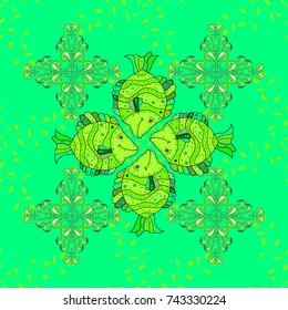 Green, black and white outline flowers on green, black and white colors. Elegant decorative ornament for fashion print, wallpaper. Simple floral seamless pattern with small flowers. Vector.