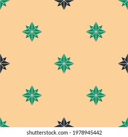 Green and black Wind rose icon isolated seamless pattern on beige background. Compass icon for travel. Navigation design.  Vector Illustration