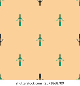 Green and black Wind turbine icon isolated seamless pattern on beige background. Wind generator sign. Windmill for electric power production.  Vector