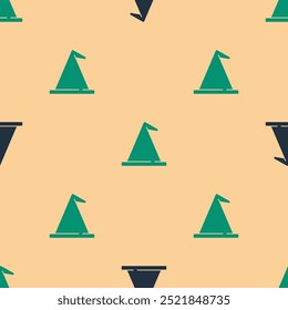 Green and black Witch hat icon isolated seamless pattern on beige background. Happy Halloween party.  Vector