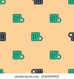 Green and black Wooden box and delete icon isolated seamless pattern on beige background. Box, package, parcel sign. Delivery and packaging.  Vector Illustration