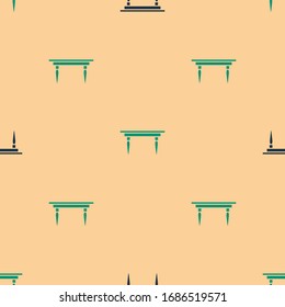 Green and black Wooden table icon isolated seamless pattern on beige background.  Vector Illustration