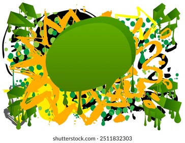 Green, black and yellow graffiti speech bubble. Abstract modern Messaging sign street art decoration, Discussion icon performed in urban painting style.