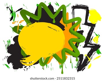 Green, black and yellow graffiti speech bubble. Abstract modern Messaging sign street art decoration, Discussion icon performed in urban painting style.
