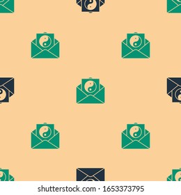 Green and black Yin Yang and envelope icon isolated seamless pattern on beige background. Symbol of harmony and balance.  Vector Illustration