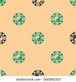 Green and black Yin Yang symbol of harmony and balance icon isolated seamless pattern on beige background.  Vector Illustration