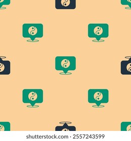 Green and black Yin Yang symbol of harmony and balance icon isolated seamless pattern on beige background.  Vector