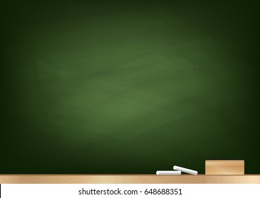 Green Blackboard background, chalk and blackboard eraser, rubbed out dirty chalkboard, vector illustration