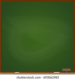 Green Blackboard background, chalk and blackboard eraser, rubbed out dirty chalkboard, vector illustration
