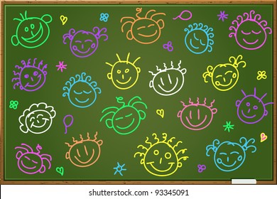 Green Blackboard with Cartoon Face Silhouettes. Vector Illustration