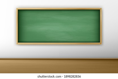 Green blackboard, chalkboard in classroom with white wall and wooden floor. Background for online conference or live stream, back to school, education empty frame, Realistic 3d vector illustration