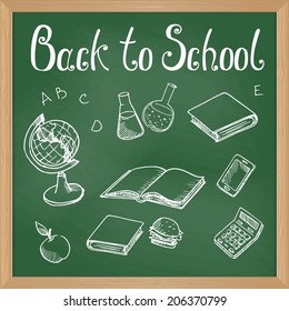 Green blackboard with chalk-drawn school objects
