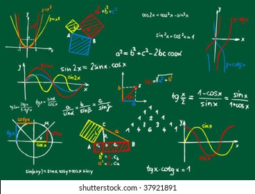 Pizarra verde con fórmulas y bocetos matemáticos de color - ilustración vectorial