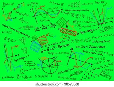 Green blackboard with colored mathematics formula and sketches - vector illustration