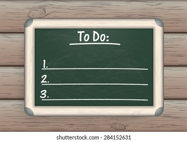 Green blackboard with to do list on the wooden background. Eps 10 vector file.