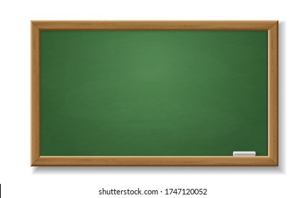 Green blackboard. Empty realistic old chalkboard with wooden frame isolated vector classroom object