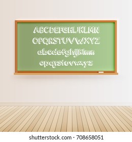 Green blackboard with a font set, vector illustration