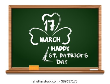 Green blackboard with the image of clover, and congratulations on St. Patrick's Day. March 17. Chalk painted illustration of shamrock. Patrick's Day typographic background. Vector illustration.