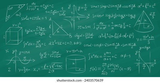 Pizarra verde con fórmulas matemáticas. Notas de marcado en tablero de grafito, lección de geometría, dibujos, letras y números, tutor escolar, conjunto de vectores.eps
