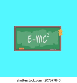 Green blackboard, with mathematical equation, stickers, sponge, and chalk. Education flat elements, for flyer, brochure, card, poster. Easy to edit. Vector illustration - EPS10.