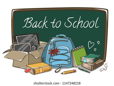 Green blackboard with school stuff. Bag pack, books, box, pen, devices, blackboard. Back to school lettering. Education and back to school background with school supplies vector cartoon illustration.