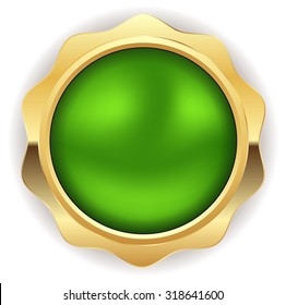 Green blank badge with gold border on white background