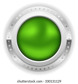 Green Blank Button With Silver Border On White Background
