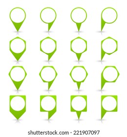Green blank map pin sign location icon with circular copy space and gray shadow, reflection on white background  in simple flat style. Web design element save in vector illustration 8 eps