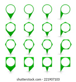 Green blank map pin sign location icon with circular copy space and gray shadow, reflection on white background  in simple flat style. Web design element save in vector illustration 8 eps
